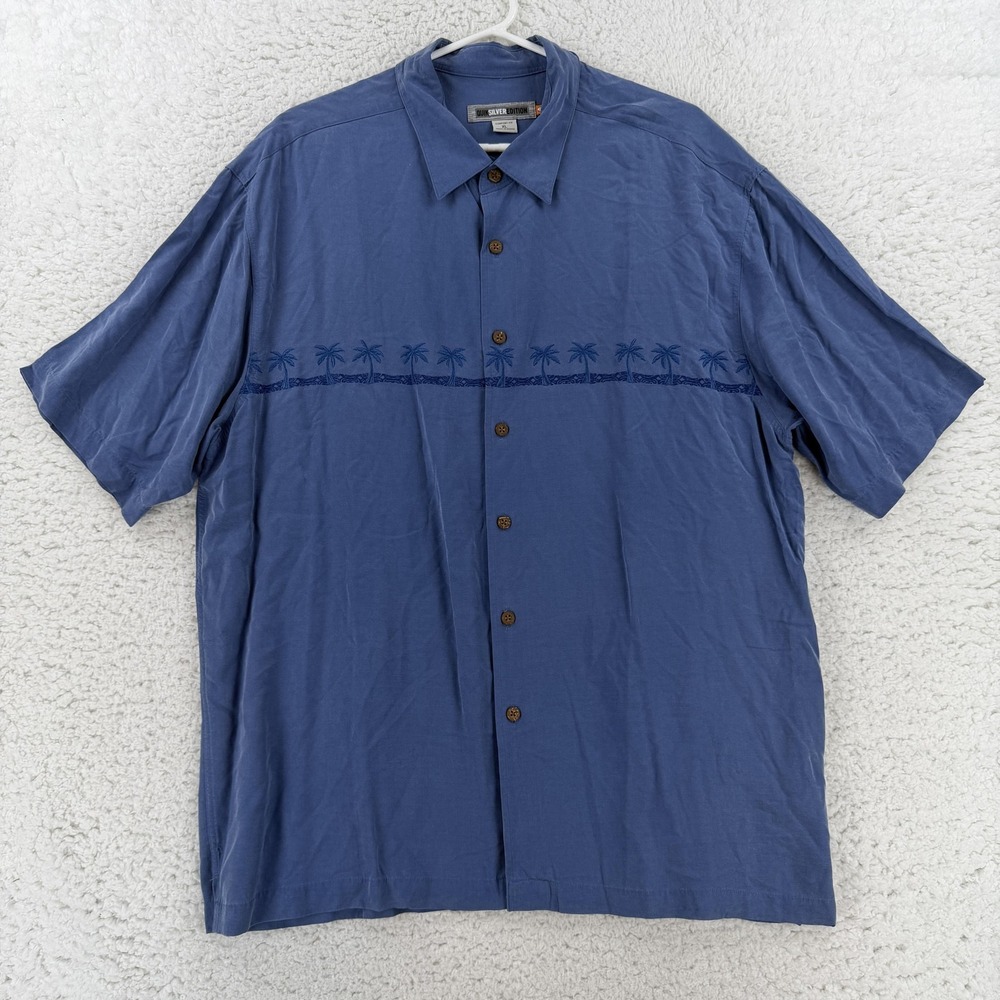 Quiksilver Edition Mens XL Blue Palm Embroidered Short Sleeve Button Up Shirt